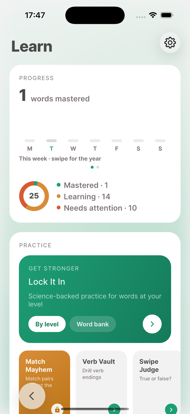 The Learn page, with saved words sorted into mastered, learning and needs attention