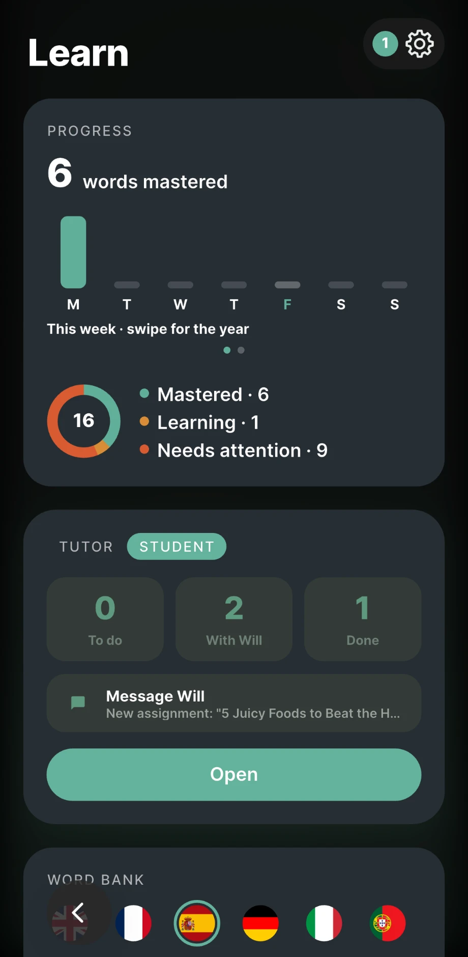 The Learn page, with saved words sorted into mastered, learning and needs attention