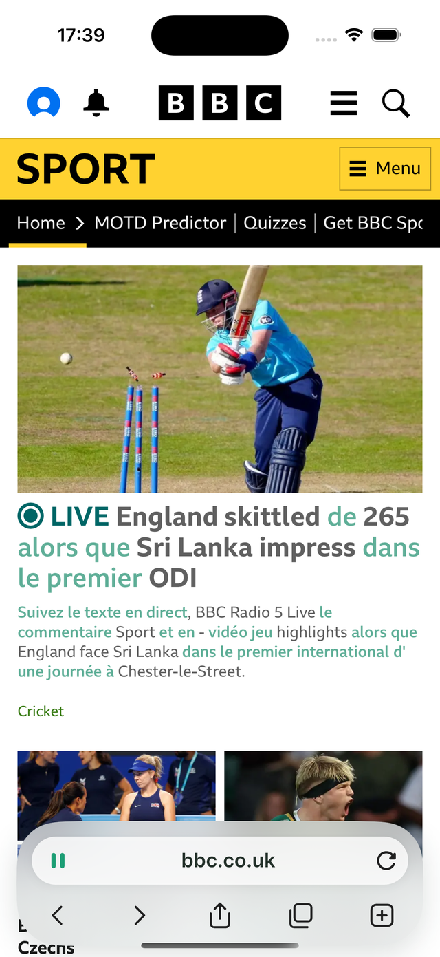 A news site open in Otto's browser, with words of the language you are learning woven into the English text